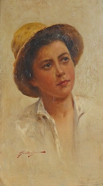 Early 20th century, Italian School, Portrait of a figure wearing a hat, indistinctly signed and inscribed verso, oil on panel, 28 x 17cm